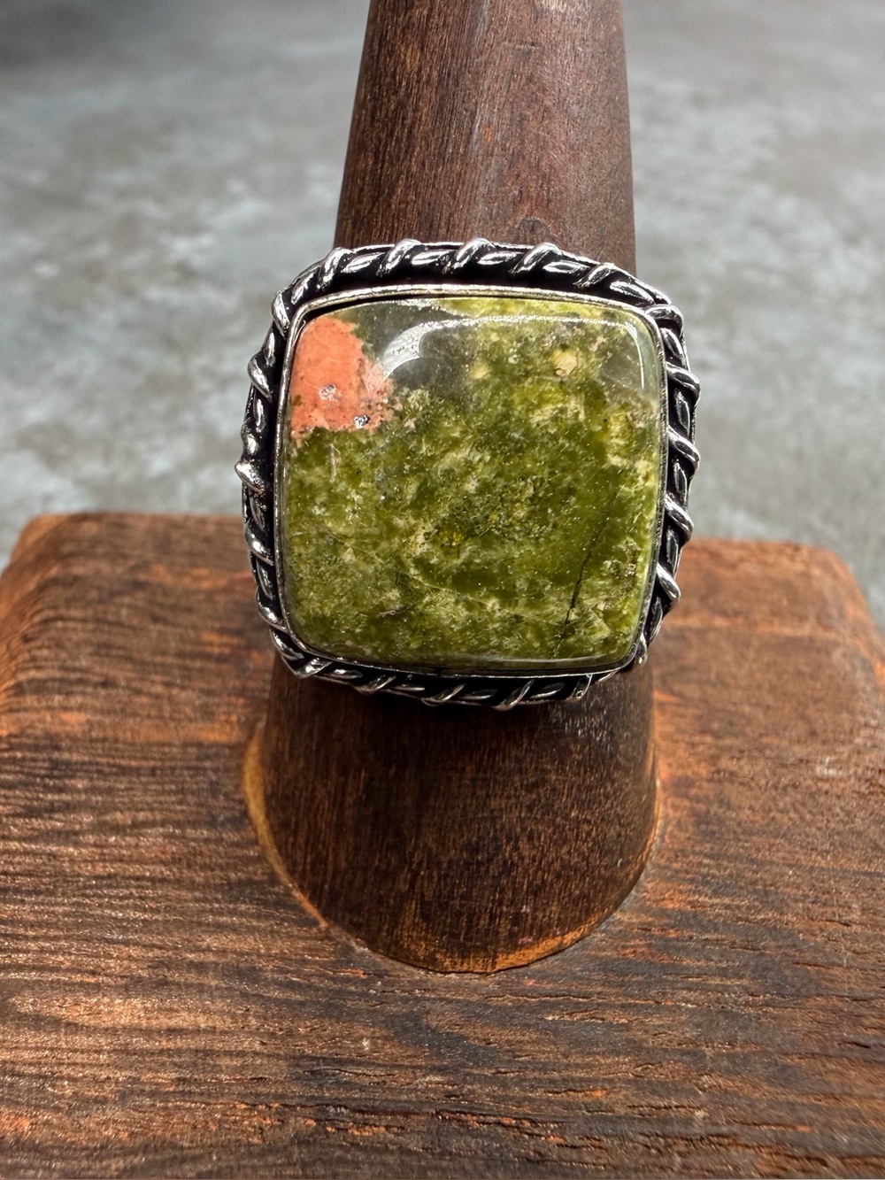 Handcrafted Unakite Jasper Stone Vintage Style Western 925 Silver Ring Size 8.5
